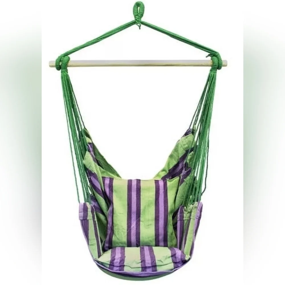 Hammock Hanging Rope Chair Swing Seat Set With 2 Pillows Green And Purple - Picture 1 of 11